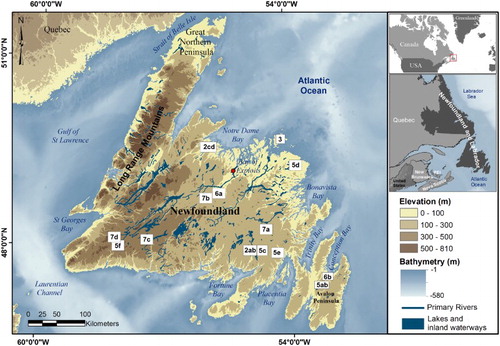 Figure 1. The mapped area encompasses the entire terrestrial landscape of Newfoundland (∼110,000 sq. km) which forms part of the Canadian Province of Newfoundland and Labrador. The landform examples mentioned in the text are labelled with numbered boxes showing the figure locations.
