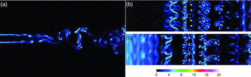 Figure 2 FIG. 2 Instantaneous contours of vorticity magnitude at time t* = 81.79: (a) z = 0; (b) y = 0; and (c) y/D = 0.5. (Color figure available online.)