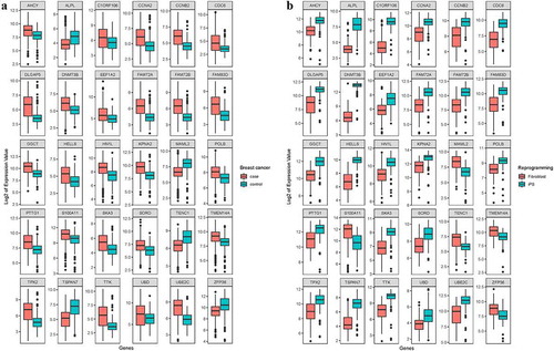 Figure 6. Different expression levels of 30 genes in comparative groups of tumor (a) and reprogramming (b)