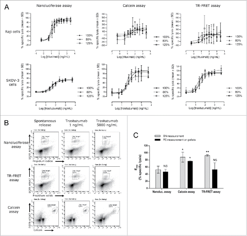 Figure 6. Direct comparison of the nanoluciferase method to the calcein and TR-FRET methods. Nanoluciferase –expressing target cells (Raji or SKOV-3) were used to measure ADCC activities either directly by nanoluciferase-release read-out or after calcein or BATDA labeling. (A) The resulting percentages of specific lysis and unconstrained 4-parameter logistic regressions are shown for the reference Ab (100%, black circle and plain line) and for the under-concentrated (80%, open triangle and short-dotted line) and over-concentrated (125%, open square and long-dotted line) test samples. The upper and lower panels show the results obtained with the Raji cells (note the wide Y-axis range variations between the different methods) and with the SKOV-3 model, respectively, using the 3 methods (nanoluciferase on the left, calcein on the center, and TR-FRET on the right). Data are the means ± SD from 3 independent experiments. (B) After supernatant harvesting for nanoluciferase, calcein and TR-FRET signal measurements, SKOV-3 cell pellets were washed and stained for measuring the percentage of remaining living target cells by flow cytometry (see the Material and methods section for the analysis details). The resulting percentages are shown on each dot plot. Only the spontaneous release and the lowest and highest antibody concentrations are depicted on the figure. Data are from one experiment representative of 2. (C) The Emax parameters (from unconstrained 4-parameter logistic regressions) obtained in each assay (nanoluciferase, calcein or TR-FRET) using both read-out, i.e., the respective supernatant (SN) read-out (light gray bars) and the flow cytometry (FC) measurement on the pellets (black bars), are shown. Data are mean ± SD from 2 (flow cytometry) or 3 (supernatant reading) experiments. Using the nanoluciferase supernatant condition as a reference, Student's t tests were performed against the other conditions and results are shown on the graph: NS, not significant (p > 0.05); * p ≤ 0.05; ** p ≤ 0.005.