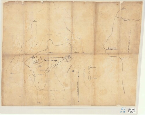 Figure 20. Sketch map of Peel Island and adjacent islands showing reserve for Lazarets and Benevolent Asylums, 1906, with inebriates station and lazaret on Peel Island, as well as old lazaret site and benevolent asylum on Stradbroke Island. White patients were treated in the main lazaret compound on Peel Island, separated from the ‘coloured leper huts’ that occupied a different portion of the reserve. A ridge line further separated non-white patients from the main lazaret facilities. A telegraph line is shown connecting the inebriates station to the mainland. Courtesy of Queensland State Archives, 620651