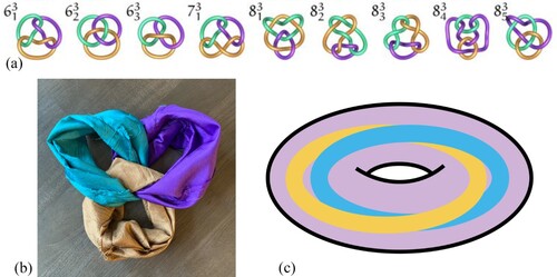 Figure 2. a.) A selection of 3-component links from Robert Scharein’s (Citation1998–2022) Knot Zoo with the 633 link (third from left), image used with permission. b.) A 633 link made of fabric tori. c.) X-ray vision drawing illustrating what happens when one torus (e.g. the purple one) in the link in Figure 2b is inverted.