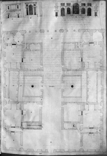 Fig. 1. Sebastiano Serlio, ‘Sesto libro d'architettura’, 1547–1550, a treatise that circulated in manuscript, includes this floor plan of a palace for a Venetian gentleman. Here, the portego, which runs the full length of the house, is the central focus of the palazzo; several rooms are accessible only from the portego. (Reproduced with permission from the Bayerische Staatsbibliothek, Munich, Codex Icon. 189, fol. 52r.)