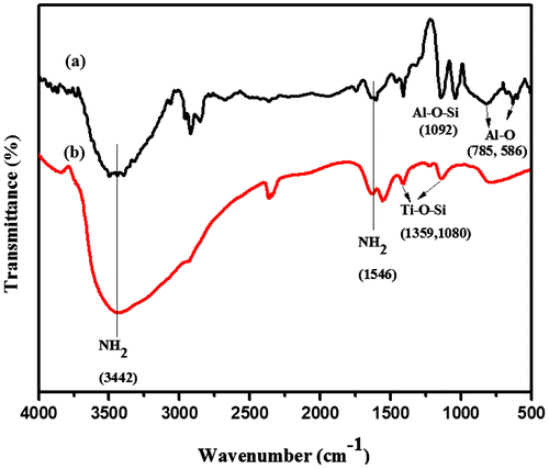 Figure 1. FTIR Spectra of (a) F-Al2O3 and (b) F-TiO2.