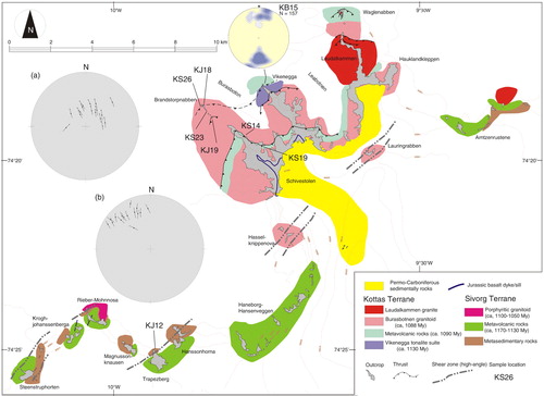 Fig. 2  Geological map of the Kottasberge with sample locations. (a) Stereographic projection of the thrust zones in the Kottas Terrane with the trajectories of the stretching lineations (Hoeppener diagram). (b) Stereographic projection of high-angle shear zones in the south-western nunataks and the trajectories of the stretching lineations. At the top of Vikenegga a quartz c-axis diagram of sample KB15, 157 axes, contours at 1, 2, 3, … %.