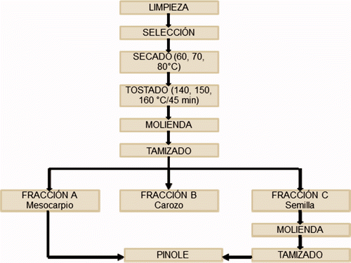 Figura 1. Diagrama de flujo para la preparación de pinole. Figure 1. Flow chart for pinole preparation.