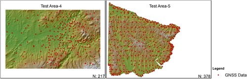 Figure 4. Spatial distribution of the GNSS elevation data for Test area-4 and Test area-5.