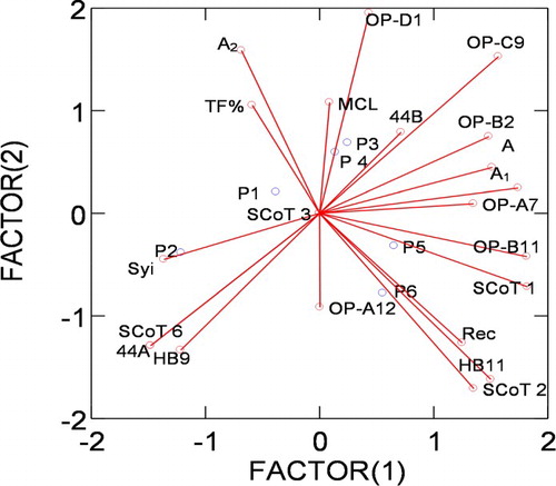 Figure 7. Percptual mapping (Biplot) of the studied species of Plantago L. based on cytological parameters and molecular attributes. P 1: P. albicans. P2: P. ciliata. P 3: P. amplexicaulis. P4: P. lanceolata. P5: P. psammophilia. P6: P. ovata.