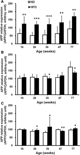 Figure 1. Effects of long-term high-fat diet on APP gene expression. Starting from age 6 weeks, C57BL/6 mice were fed a normal (ND) or an high-fat diet (HFD) until 16, 26, 36, 47, or 77 weeks of age, and APP gene expression was measured in the (A) SAT, (B) EAT, and (C) brain using quantitative real-time PCR. Data are presented in arbitrary units relative to GAPDH mRNA expression. Values are mean ± SD. Significant differences from control values are indicated as *p < 0.05, **p < 0.01, and ***p < 0.001.