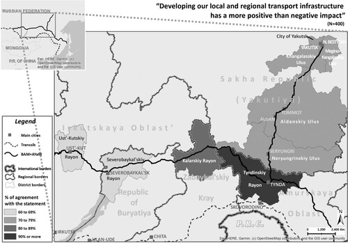 Map 3. Respondents’ levels of agreement about the statement relating to whether [future] development of the transport network would have a more positive than negative impact. Due to the low number of respondents, all districts in the Sakha Republic (Yakutiya) were merged into one value. Responses from other areas outside the BAM/AYaM region were not included. Source: authors.