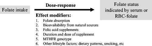 Figure 1. Folate intake is a determinant of folate status. The relationship is influenced by several effect modifiers. Therefore, a dose–response relationship between intake and status markers is not necessarily present in a population with a generally low intake and no additional sources of folate.