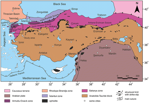 Figure 2. Simplified tectonic map of Turkey and surrounding regions, showing the main sutures and continental fragments (modified after Tunç et al., Citation2012) and the location of the study area (see rectangle)