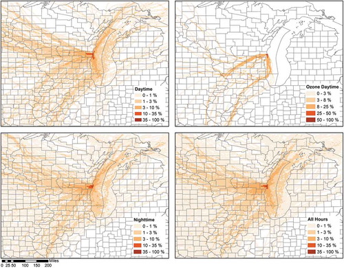 Figure 5. Spatial density plot of 48 hr back trajectories for trajectories terminating at Spaceport Sheboygan for (a) daytime, (b) ozone daytime, (c) nighttime, and (d) all hours