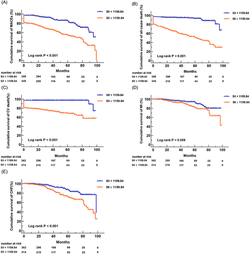 Figure 3 Kaplan-Meier survival curve analysis showing (A) MACEs, (B) all-caused death, (C) cardiovascular death, (D) nonfatal MI, and (E) congestive heart failure.