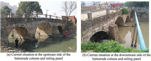 Figure 17. Current situation of the balustrade columns and railing panels. (a) Current situation at the upstream side of the balustrade column and railing panel. (b) Current situation at the downstream side of the balustrade column and railing panel.