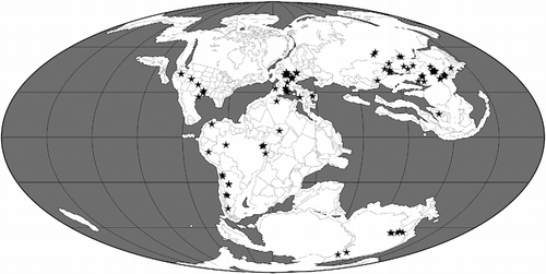 Figure 6 Palaeogeographical map for the Early Cretaceous (130 Ma) showing the locations of 176 collections of pterosaurian specimens. The map was generated using software available at Fossilworks (Alroy Citation2013), with collections data downloaded from The Paleobiology Database.