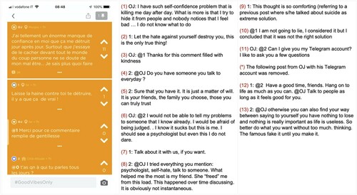 Figure 1. Jodel thread on P7's mobile. The author of the post is identified with OJ (i.e. Original Jodeler and sometimes with the ID 0), and the peers who respond to the post are given a unique number for each thread (e.g. 1, 2, etc.). To reply to specific people, users use the tag ‘@’ followed by the user's number in the thread.