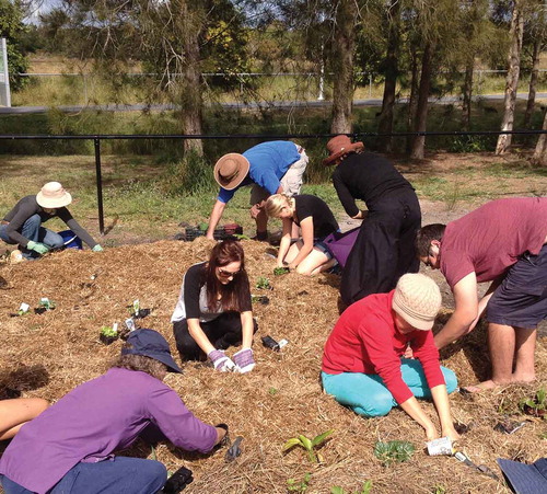 Figure 4. Volunteers of the Moving Feast participating in a garden “working bee” in which perceived benefits of connecting with others and gaining skills were experienced