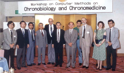 Figure 4. Some participants of the 1990 meeting on Chronobiology and Chronomedicine in Tokyo, Japan. From left to right: Kuniaki Otsuka, Yoichi Hata, Yuji Kumagai, Takashi Yanaga, Franz Halberg, Haruo Watanabe, Kohji Tamura, Guiseppe Germano, Pietro Cugini, Germaine Cornelissen, and Yoshihiko Watanabe.