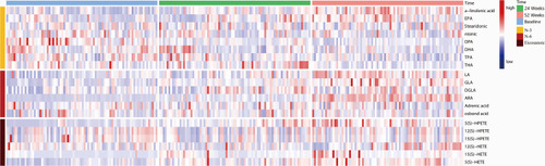 Figure 2 Levels of n-3 and n-6 at different stages of COPD progression. The heatmap shows different metabolite levels at baseline, 24 W, and 52 W in patients with severely stable COPD.