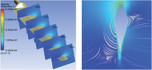 Figure 8. Surface streamline at 7 m/s: benchmark and an enlarged view of 95% of the span.