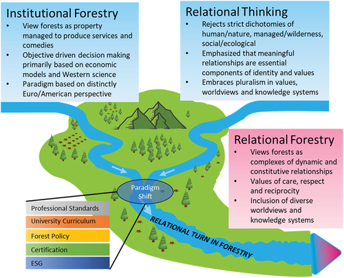 Figure 1. A simplified depiction of a relational turn in forestry. The dominant institution of forestry is rooted in and continues to be based on principles that frame forests as property to be managed for satisfaction of human preferences. An infusion of relational thinking into forestry, facilitated by changes in professional standards, university curriculum accreditation, the language used in forest policy, sustainable forestry certification criteria, and corporate environmental sustainability governance (ESG) efforts could lead to a paradigm shift toward Relational Forestry. We argue that such a shift would preserve the traditional strengths of forestry while making it more just, inclusive, and better equipped to tackle 21st century challenges. This figure is an adaptation from West et al. (Citation2020).