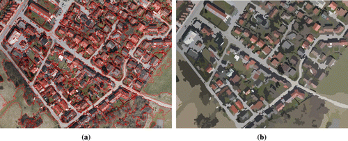 Figure 10. The optimal segmentation result of large-scale UAV image of Munich. (a) Segmentation result with red edges. (b) Segmentation result with intensity average. Source: Koch et al. (Citation2016).