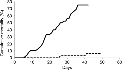 Figure 9. Cumulative mortality of two groups of approximately 60 wrasse caught in the Hardangerfjord (Mundheim, 14 June, continuous line and Solesnes, 14 September, dashed line) 2011 and kept in tanks.