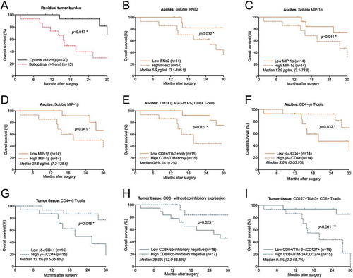 Figure 6. Identification of risk factors in ascites and tumor tissue for reduced survival of ovarian cancer patients. Prognosis for patients was affected by (A) residual tumor burden after surgery. Also, survival was correlated to eight immune-related factors (B-I). Increased concentrations of soluble (B) IFNα2, (C) MIP-1α and (D) MIP-1β in ascites were correlated to a worse prognosis for patients in our cohort. Also, the proportion of ascites-isolated (E) CD8+ T-cells expressing only TIM-3 (and being negative for LAG-3 and PD-1); (F) CD4+ γδ T-cells; and tumor tissue-derived (G) CD4+ γδ T-cells; (H) CD8+ T-cells without expression of LAG-3, PD-1 or TIM-3; I) TIM-3+ CD8+ T-cells expressing CD127 were identified to be significantly correlated with survival. Groups were made based on median values of the complete cohort and significances were obtained by log-rank test. Differences in number of patients are due to full profiling not being performed for all patients. Significance levels were set to p < 0.05 (*), p < 0.01 (**), and p < 0.001 (***).