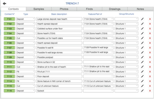 Figure 3. Excavation “Area” data page showing the “Context” list tab. Green numbers indicate the context data entry has been approved by a supervisor. The pencil button takes the user to the relevant recording form type (deposit/fill or cut).