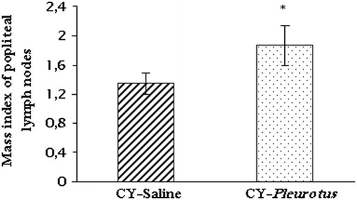 Figure 1. Mass index of popliteal lymph nodes of cyclophosphamide treated Balb/c mice administered or not with Pleurotus powder. The popliteal lymph nodes (right and left) of the antigen sensitised and rechallenged animals of DTH experiment were removed and weighed separately. The mass index was expressed as the relation between the weight of the popliteal node belonging to BSA-injected foot pad with respect to that of PBS-injected pad. The (*) reflects significant differences among the groups in the Mann–Whitney test (p<0.05).