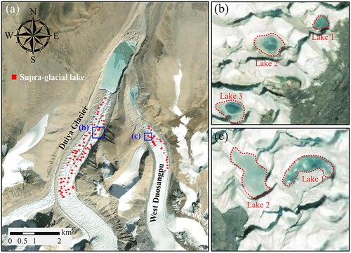 Figure 11. The distribution of supraglacial lakes on Duiya Glacier and West Duosangpu Glacier. The area within the black boxes in (a) is shown in enlarged images (b) and (c).