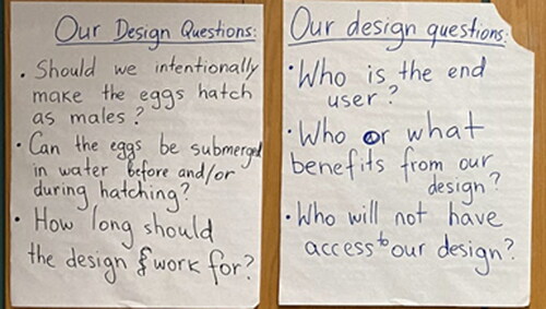 Figure 1 During a Problem Scoping talk, students generated questions to help them determine what would be considered a successful solution to a sea turtle egg protection design problem.