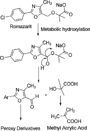 Scheme 2.  Probable mechanism of metabolic toxicity exhibited by Romazarit. Peroxy type radicals or methyl acrylic acid moiety might be responsible for the bladder tumor formation.