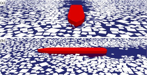 Figure 8. Simulation snapshots from (a) the front and (b) the side of the showing rotated and rafted, 0.5 m thick, ice floes around the ship hull and the open channel behind the ship. Figure reproduced from Polojärvi et al. (Citation2021b).