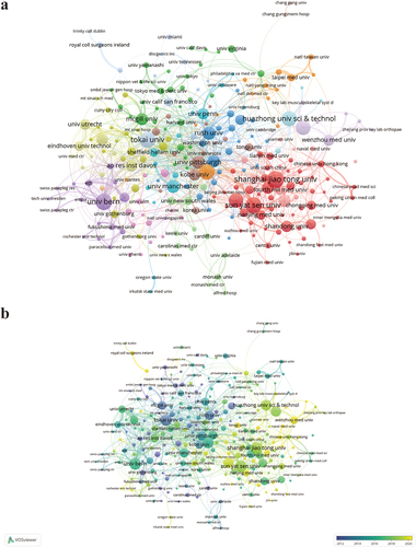 Figure 5. Institution analysis on immune cells in disc degeneration. (a) the institution cooperation network graph in WOSCC. The size of the nodes indicates the number of institution publications, the thickness of the connections between the nodes reflects the strength of cooperation, and the color of the nodes corresponds to the clustering of the different institutions, with nodes of the same color belonging to the same cluster. (b) the institutions’ collaboration network visualization map in WOSCC. Each node represents an institution and the color of the node corresponds to the main publication time of the institution. The size of the node indicates the number of publications in the literature, and the thickness of the connections between the nodes reflects the strength of the partnership. Different colors indicate different publication times.
