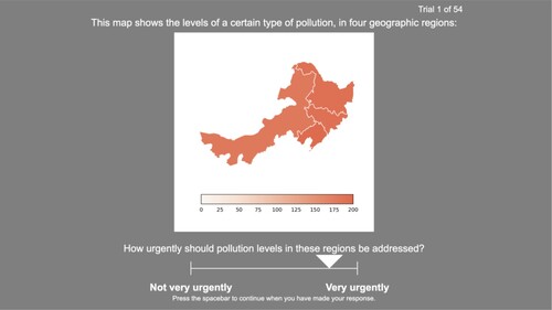 Figure 3. An example of a single experiment trial, showing a choropleth map with a truncated colour legend, plus a response marker on the visual analogue scale.