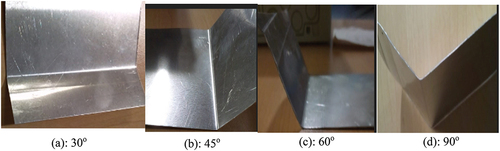 Figure 4. The bent aluminium sheet at different angles (30–90°) (a): 30° (b): 45° (c): 60° (d): 90°.