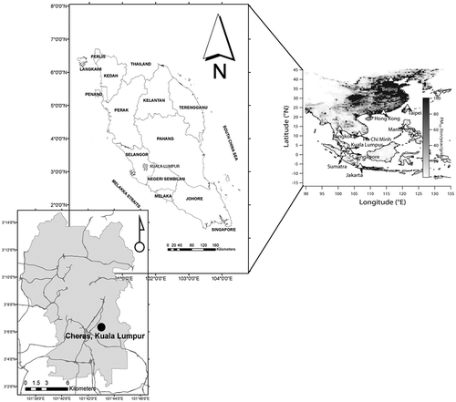 Figure 1. Location of the sampling station at Cheras, Kuala Lumpur, and distribution of anthropogenic PM10 emissions (30 min × 30 min resolution) in Southeast Asia in 2006 (data source: Zhang et al., Citation2009).