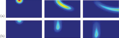 Figure 4. Illustration of solution variation. Upper row (a): at times . Lower row (b): at times .