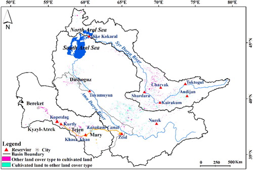 Figure 4. Spatial distribution of cultivated land changes in the Amu Darya basin, Syr Darya basin, and the region of the Karakum Canal from 2000 to 2020.