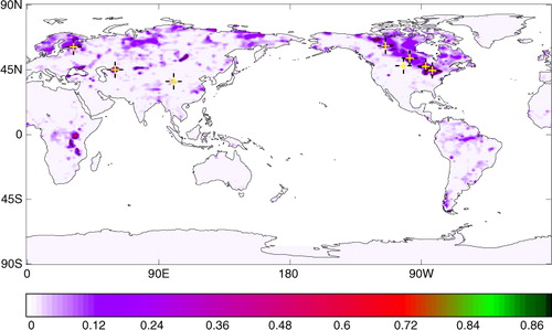 Fig. 6 Lake fraction in MetUM, global climate model domain. The positions of the eight locations examined in detail are marked with yellow-on-black crosses and listed in Table 1.