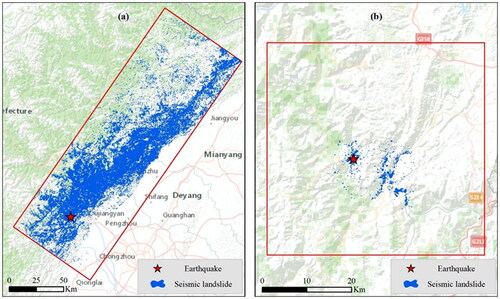 Figure 2. Spatial distributions of landslides triggered by (a) Wenchuan and (b) Ludian earthquakes.