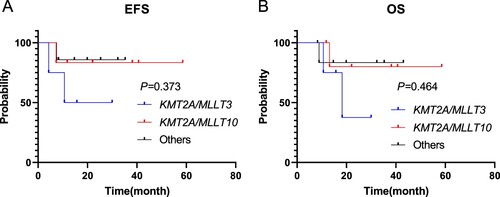 Figure 3. The differences in EFS, OS of children with KMT2A/MLLT3, KMT2A/MLLT10 and Others were shown (P = 0.373, P = 0.464).