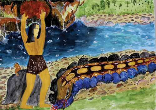 Figure 6. Artistic depiction of a story about an Anaconda (Eunectes murinus) in the Napo River basin. Author: Mishque Cuyumbo, Tena, Ecuador.