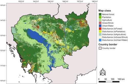 Figure 3. Map of disturbance types/land cover classification throughout the study period 1989–2019. The country borders were from the GADM dataset.