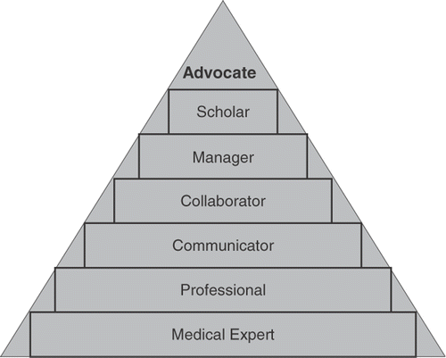 Figure 3. Proposed pyramid model of the CanMEDS role reflecting the complexity and diverse skill set needed to be a successful health advocate. To develop as a heath advocate, students must acquire the multiple skill sets required of a physician in an incremental fashion.