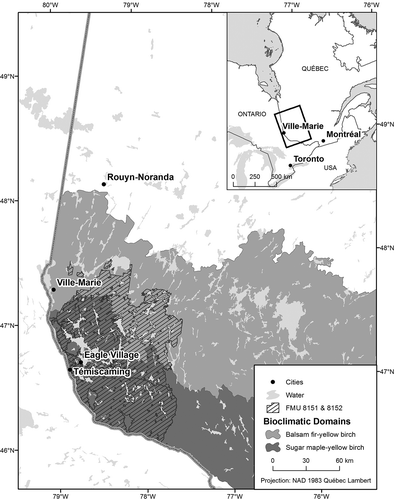 Figure 1. Study area (forest management units 8151 and 8152) within the balsam fir–yellow birch and sugar maple–yellow birch bioclimatic domains in Abitibi-Temiscamingue, Quebec, Canada.