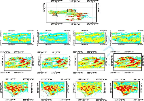 Figure 3. Burn severity maps for three sub-scenes of the Alaska region. Upper figure shows the location of the sub-scenes. Rows from the top to the bottom are first to third sub-scenes, and columns from left to right corresponds to: dNBR-based proposed method, dNBR2-based proposed method, traditional dNBR, and reference map.