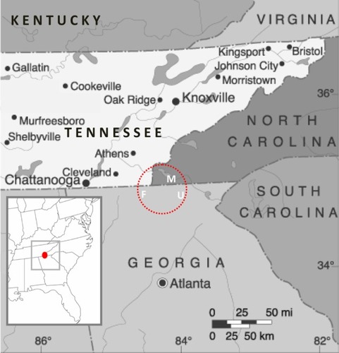 Figure 1 Location of three acute-care study hospitals in a remote area of westernmost North Carolina and northeast Georgia (inset).